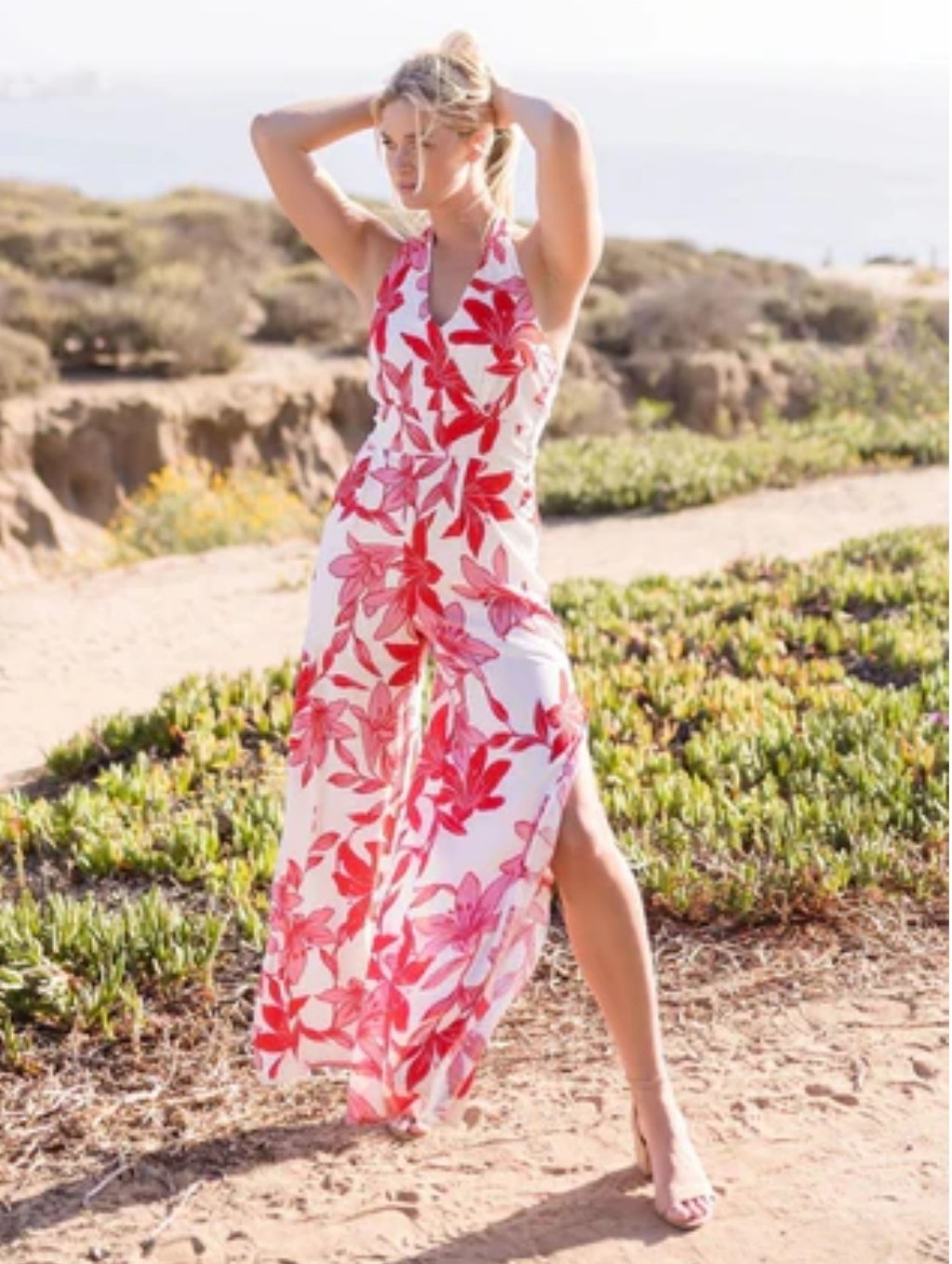 Sugarlips Hibiscus Floral Halter Jumpsuit, Side Slits, Euc, Xs, Inseam 32"